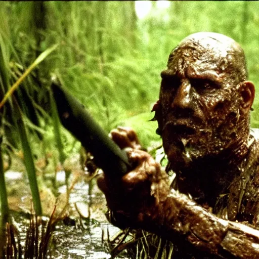 Image similar to film still of bill goldberg as major dutch, covered in mud and hiding from the predator predator predator in swamp scene in 1 9 8 7 movie predator, hd, 4 k