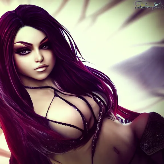 Prompt: portait of haifa wehbe, long hair centred, hd, very detailed curve, unreal engine, final fantasy style, fairy tail background