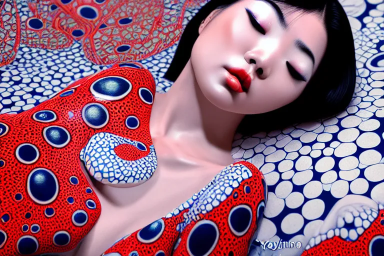 Image similar to hyperrealistic detailed image of a geisha laying in a art installation room, hd smooth interior by yayoi kusama, part by kei mieno, part by ross tran, dark art by james jean, ultra realistic, highly detailed, life like face, detailed body, 8 k, 3 d render by roger magrini, very cohesive, masterpiece