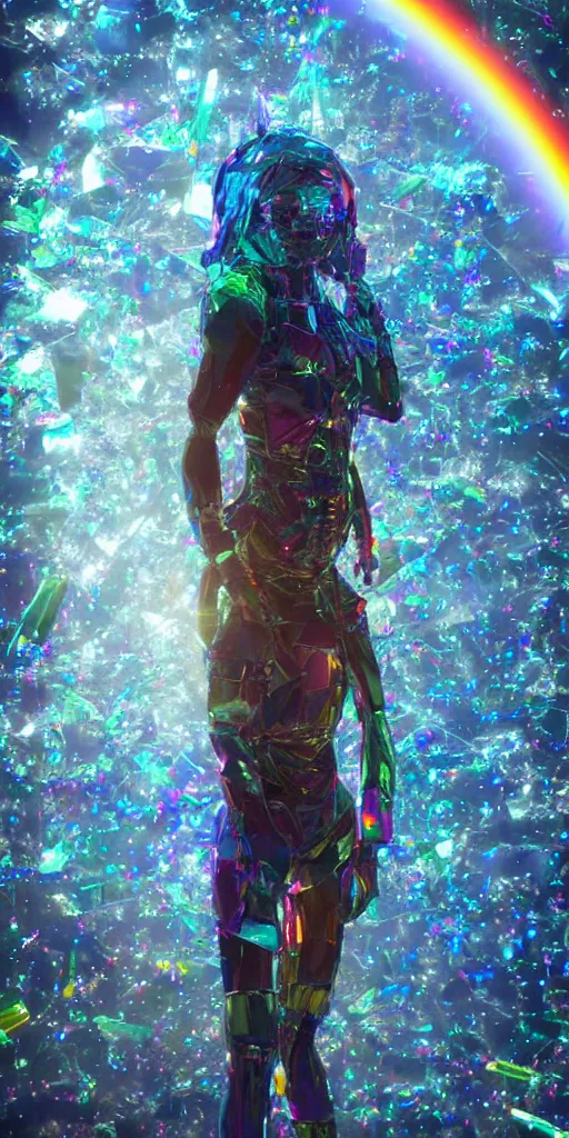 Prompt: a photo of 8k ultra realistic corrupted rainbow humanoid queen standing next to a spaceship window overlooking earth, swarm of translucent glass shards, cinematic lighting, trending on artstation, 4k, hyperrealistic, focused, extreme details, unreal engine 5, cinematic, masterpiece