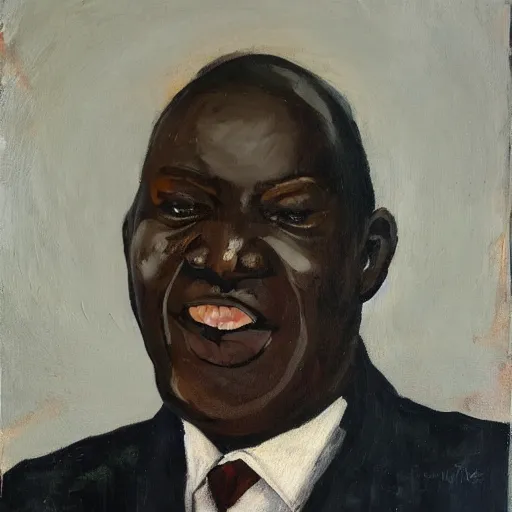 Image similar to a painting of a fatherly, aquiline nose, wide forehead, round face, XXL , loving, caring, generous, ever-present, humble, wise elder from Kenya with a friendly expression in a suit by Lynette Yiadom-Boakye . Fatherly/daddy, focused, loving, leader, relaxed,. ethereal lights, details, smooth, sharp focus, illustration, realistic, cinematic, artstation, award winning, rgb , unreal engine, octane render, cinematic light, macro, depth of field, blur, red light and clouds from the back, highly detailed epic cinematic concept art CG render made in Maya, Blender and Photoshop, octane render, excellent composition, dynamic dramatic cinematic lighting, aesthetic, very inspirational, arthouse.