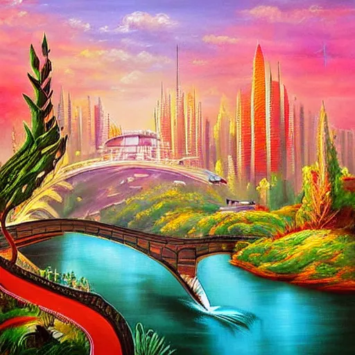 Image similar to Beautiful city of the far future in harmony with nature. Nice colour scheme, soft warm colour. Beautiful painting by Lurid. (2022)