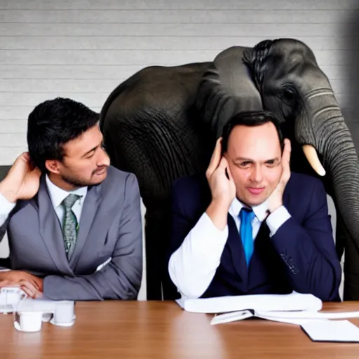 Prompt: stock photograph of a business meeting and a hiding elephant