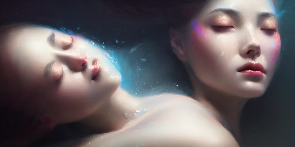 Image similar to close up face portrait of a beautiful woman laying down inside a sentetic fluid, dim light, extremely detailed digital painting, in the style of fenghua zhong and ruan jia and jeremy lipking and peter mohrbacher, mystical colors, rim light, beautiful lighting, 8 k, stunning scene, raytracing, octane, trending on artstation