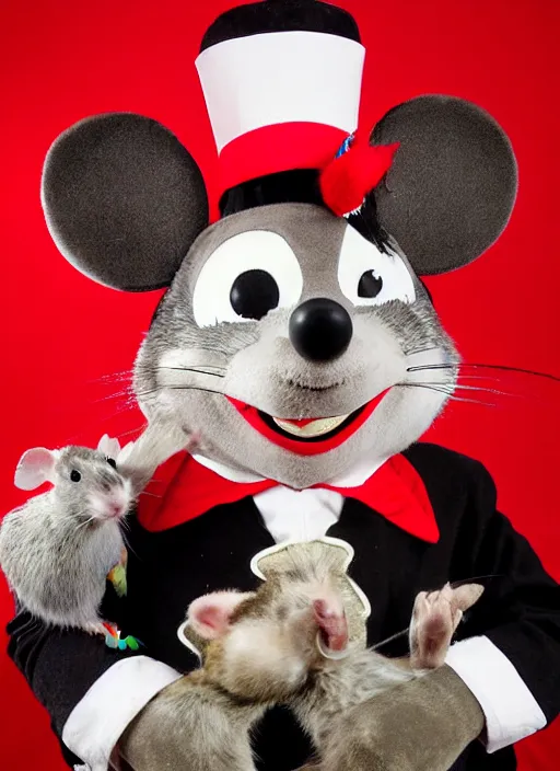 Image similar to Chuck E. Cheese mascot low quality 2007 circus portrait of an anthropomorphic rat animatronic dressed like a clown, professional portrait, official photo, camera flash, dimly lit, Chuck E. Cheese head, authentic, mouse, costume weird creepy, off putting, nightmare fuel, Chuck E. Cheese