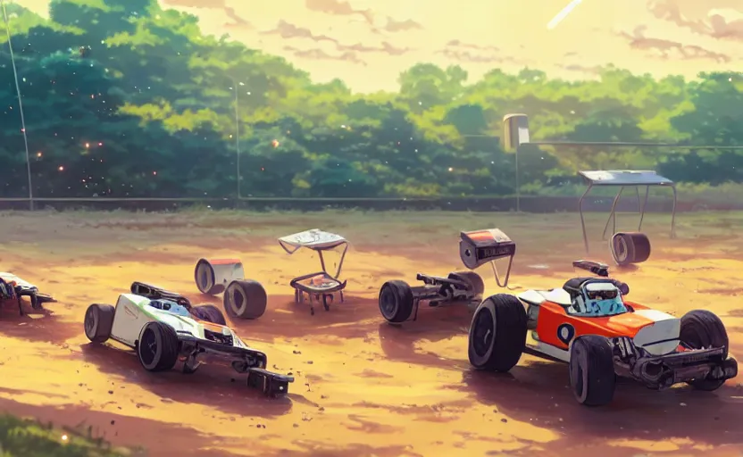 Prompt: a high school girl launch a mini 4 wd, clear summer sky background, dirt and luch landscape, illustration concept art anime key visual trending pixiv fanbox by wlop and greg rutkowski and makoto shinkai and studio ghibli and kyoto animation, tamiya cars, scale race circuit, backlit
