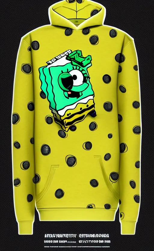 Image similar to spongebob hoodie, yellow and green, trendsetter, fiction, stability, intricate, elegant, 8 k, uhd, justify, artstation, concept art, matte, sharp focus, illustration, consistent, highly detailed object content, proportional object content