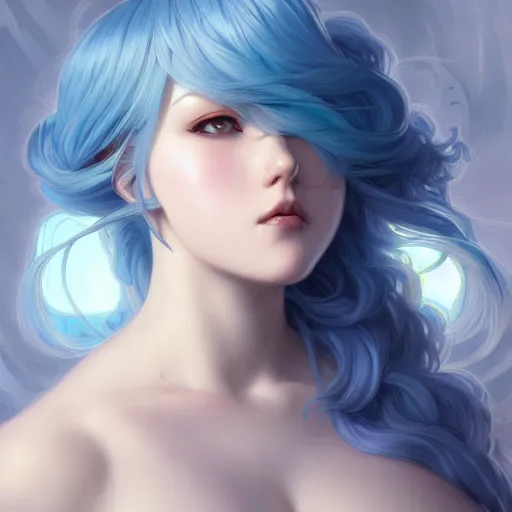 Prompt: anime girl, curvy body, blue hair, watery eyes, D&D, fantasy, intricate, elegant, highly detailed, digital painting, artstation, concept art, smooth, sharp focus, illustration, art by artgerm and greg rutkowski and alphonse mucha