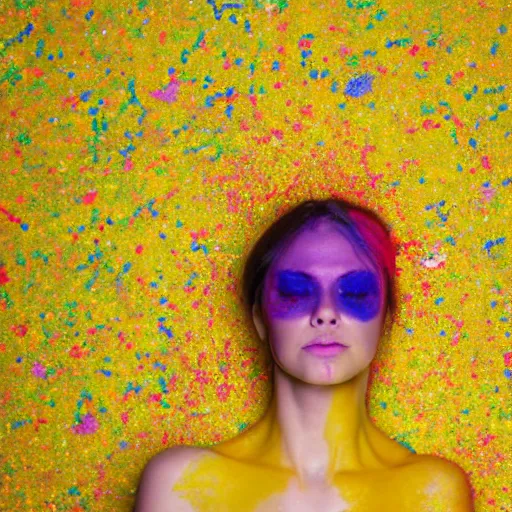 Prompt: a photo of a woman drowning in different colourful slime with golden sprinkles. moody and melanchonic.