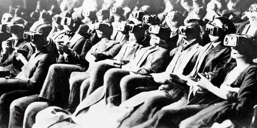 Image similar to 1 9 0 0 s photo of people using iphones ipods virtual reality headsets vr watching hd tv in a movie theater