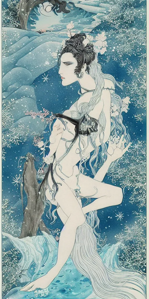 Prompt: japanese art print of goddess of winter in a zen garden, by Peter Kemp, sad expression but upward gaze, ice blue eyes and light blue anime hair, glamorous hairstyle, frost clings to her skin, wearing translucent white and ice blue Enjolras fashion, lost in the moment, winter, art nouveau, ice clings to the rock garden by Brian Froud, frozen tear, berries, a heron, evergreen branches, white, ice blue, frost on the canvas, by Alphonse Mucha