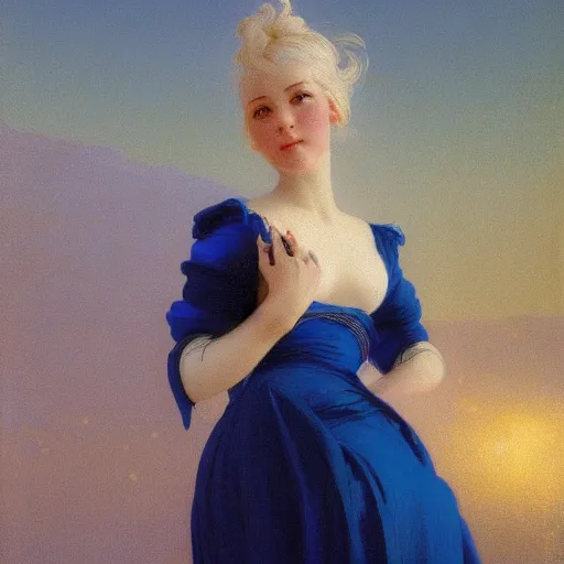 Image similar to a young woman's face, her hair is white and she wears a cobalt blue satin cloak, by ivan aivazovsky and syd mead and moebius and gaston bussiere and roger dean and pieter claesz and paul delaroche and alma tadema and aelbert cuyp and viktor vasnetsov, hyperrealistic, volumetric light, octane render