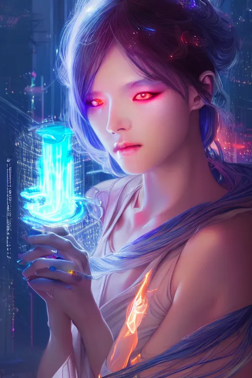 Image similar to portrait futuristic wizard Girl with fire and sparkles, in future cyberpunk tokyo rooftop , ssci-fi, fantasy, intricate, very very beautiful, elegant, human anatomy, human structure, neon light, highly detailed, digital painting, artstation, concept art, smooth, sharp focus, illustration, art by tian zi and WLOP and alphonse mucha