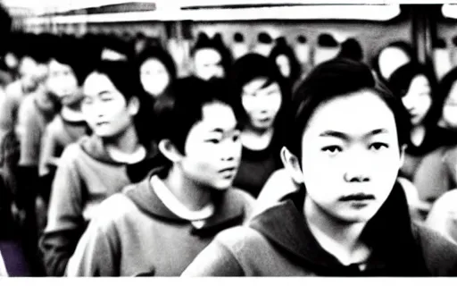 Image similar to Filipino college students ride a train, film still, ethereal, rule of thirds by Iwai Shunji