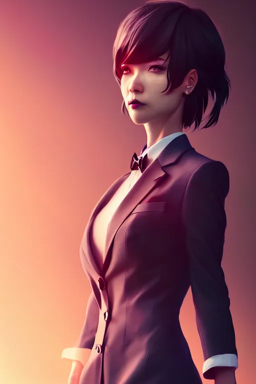 Image similar to a woman in a suit on a beautiful night inspired by ross tran and wlop and masamune shirow and kuvshinov, concept art, intricate, photorealistic, octane render, rtx, hdr, unreal engine, dnd digital art by artgerm