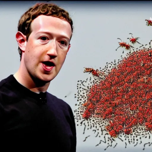 Prompt: Mark Zuckerberg being attacked by swarm of crimson cyberpunk bees