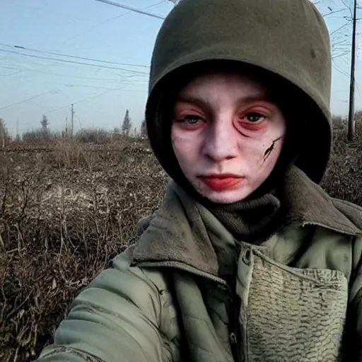 Image similar to the last selfies taken in ukraine after the nuclear war, the terrible terrible mutilations