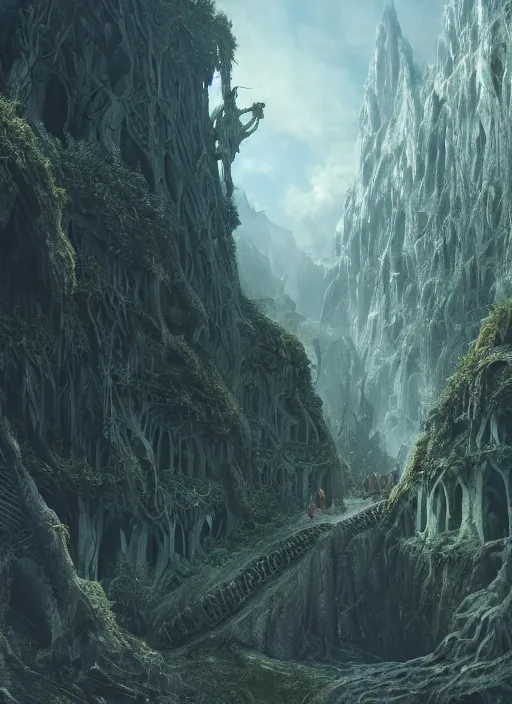 Image similar to medieval adventurers in the lord of the rings scenery landscape, inside an enormous overgrown alien cathedral, huge statue of a dragon, portal to another dimension in the sky, highly detailed, cinematic lighting, perfect composition, 4 k, gustave dore, derek zabrocki, greg rutkowski, octane render