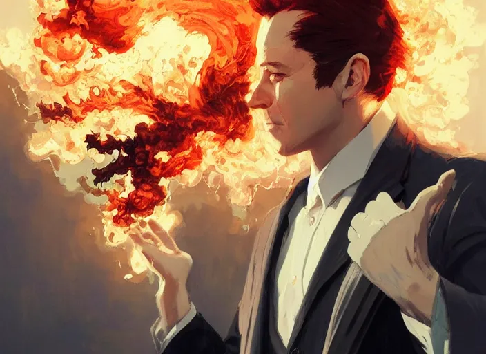 Image similar to a man wearing a suit, but his head is made of fiery plumes of smoke and sparks, fantasy, cinematic, fine details by realistic shaded lighting poster by ilya kuvshinov katsuhiro otomo, magali villeneuve, artgerm, jeremy lipkin and michael garmash and rob rey
