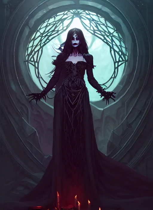 Image similar to Necromancer Sorceress goddess of death, background fantasy pentagram sorceress magic, undercut hairstyle, dark light night, intricate, elegant, sharp focus, illustration, highly detailed, digital painting, concept art, matte, art by WLOP and Artgerm and Greg Rutkowski and Alphonse Mucha, masterpiece