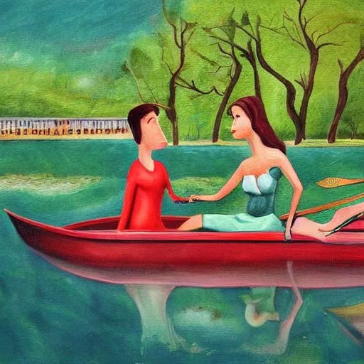 Image similar to surreal painting of a woman and a monster sitting together rowing a boat in central park