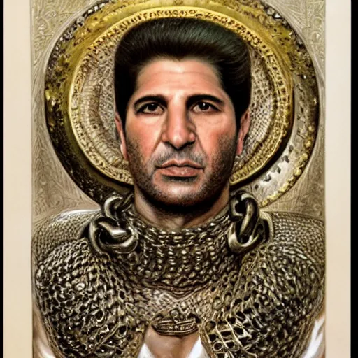 Prompt: portrait of bachir gemayel as king of lebanon, wearing chain mail, intricate face, strong jaw, elegant and proud, highly detailed, centerede, very realistic, smooth, sharp focus, detailed face, art by donato giancola and brian froud