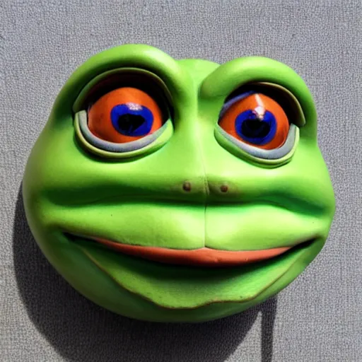 Image similar to clay head of pepe the frog, 3d sculpture, textured, fine detail, lifelike, photo, high resolution