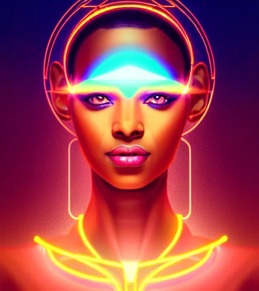 Image similar to symmetry!! egyptian goddess of technology, solid cube of light, hard edges, product render retro - futuristic poster scifi, lasers and neon circuits, brown skin beautiful egyptian goddess, intricate, elegant, highly detailed, digital painting, artstation, concept art, smooth, sharp focus, illustration, dreamlike, art by artgerm