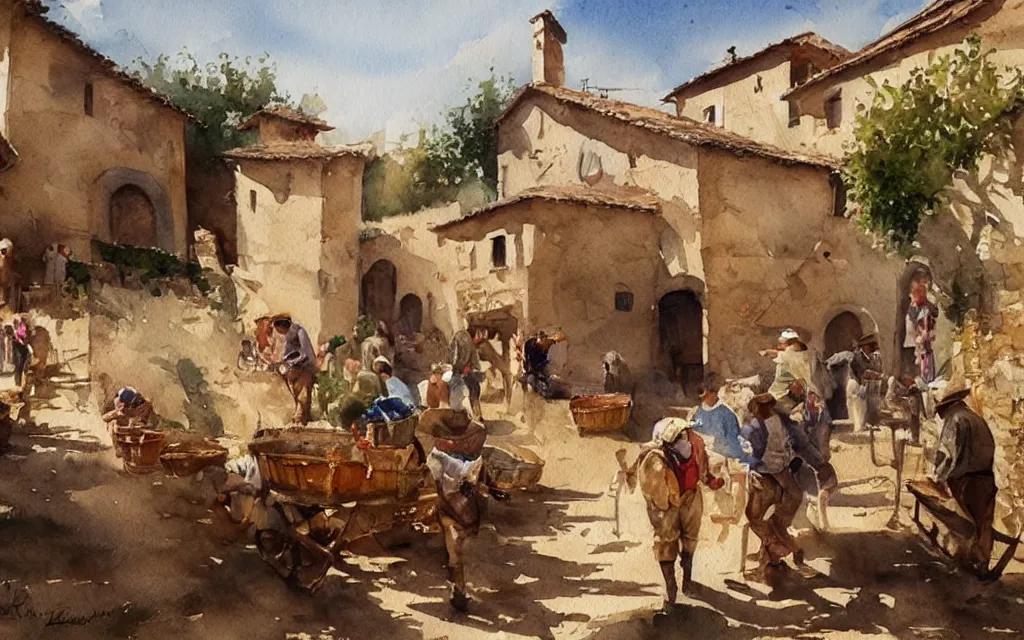 Image similar to beautiful watercolor painting by joseph zbukvic and alvaro castagnet, depicting a wine harvesting on a sunny day in a little italian village