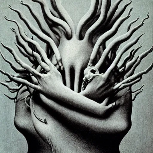 Prompt: vintage photography of faceless beast-god with many long arms, a huge body covered with deep furs by Zdzisław Beksiński, odd eye, dark fantasy, detaling, abomination, blur