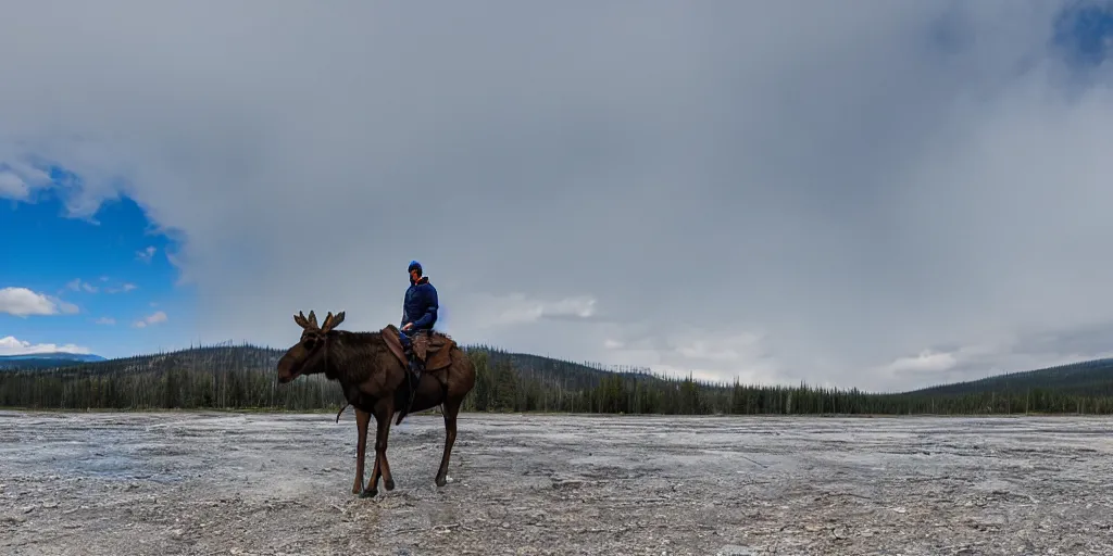 Prompt: hiker riding moose in yellowstone with prismatic spring in background