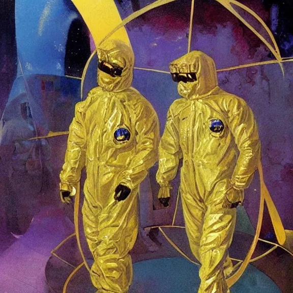 Prompt: two scientists in gold hazmat suits entering the geometric rainbow crystal dimensional gateway by frank frazetta