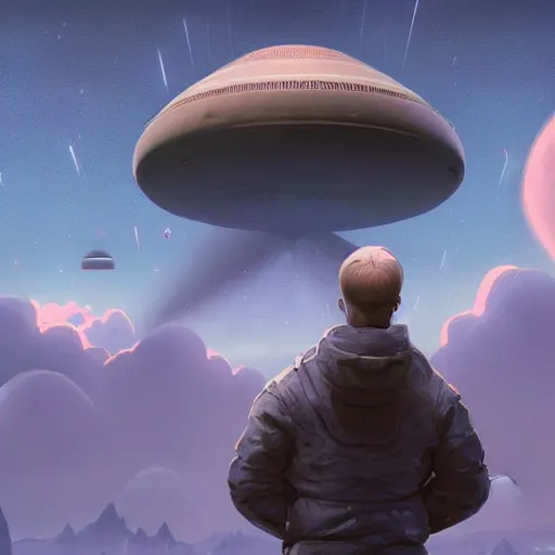 Image similar to a digital painting of a person looking up at a gigantic big enormous ufo spaceship in the sky far in the distance concept art by simon stalenhag and peter mohrbacher cgsociety, speedpainting, apocalypse art. unreal engine. hyper - realistic. photo realistic. 3 d render. octane render. detailed masterpiece. extreme wide shot. zoomed out.