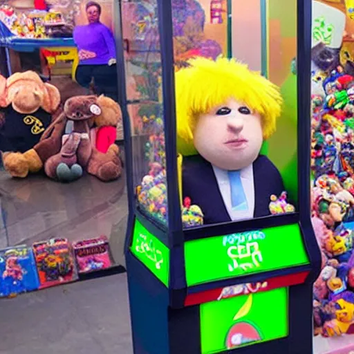 Image similar to an arcade claw machine filled with plush toys that look like boris johnson,