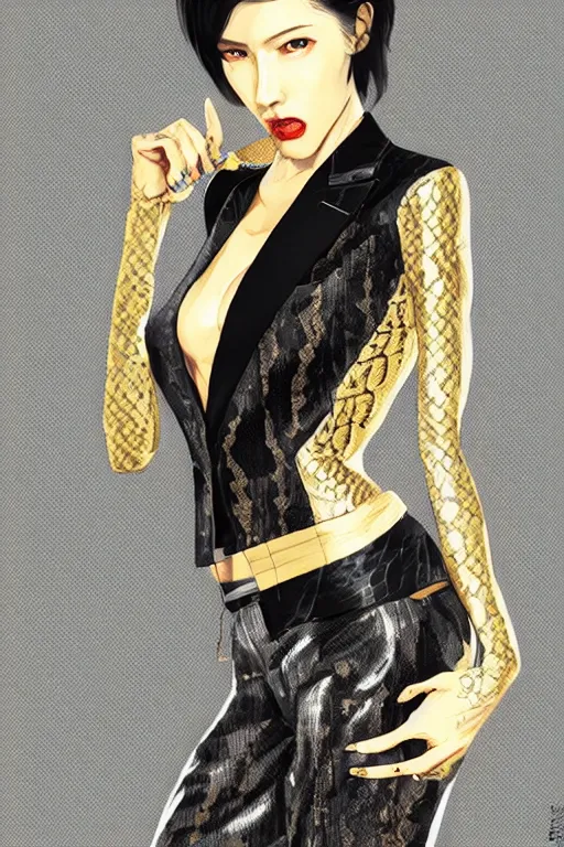 Image similar to yakuza slim girl, gold suit jacket in snake print, jacket over bare torso, yakuza tattoo on body, black short curtain haircut, black leather pants with black belt, portrait, elegant, 2d, ultra highly detailed, digital painting, smooth, sharp focus, artstation, art by Ilya Kuvshinov, rossdraws