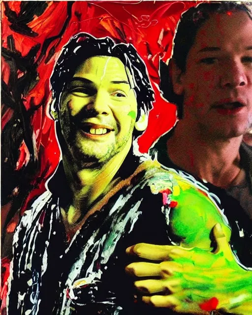 Image similar to jackson pollock painting of keanu reeves and shrek