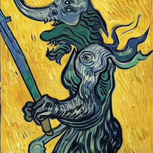 Image similar to person with a sword as its mouth, 4 k, 8 k, trending on artstation, award - winning art, illustrated by vincent van gogh