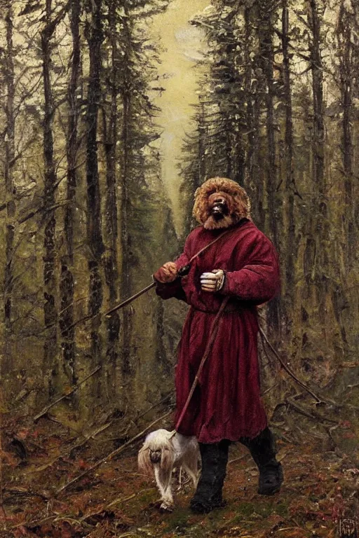 Image similar to Slavic dog head man, woolen torso in medieval clothes, walking in the forest, Orthodox Saint Christopher, oil painting, magic lights, painting by Viktor Vasnetsov, concept art, painting by Ivan Shishkin, hyperborea, beautiful dog head, hyperrealism, beautiful, high resolution, trending on artstation,