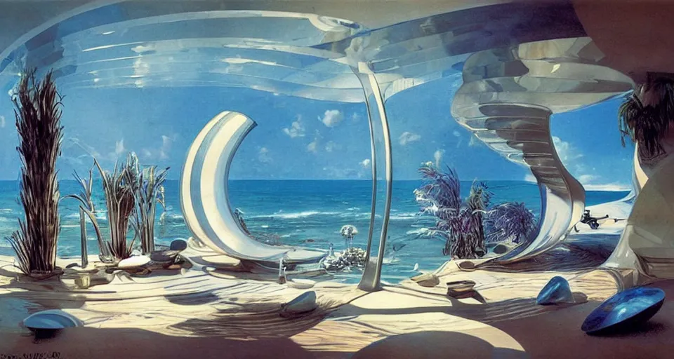 Image similar to nacre seashell house, atmospheric cinematography by syd mead