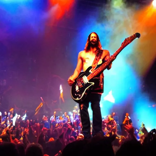 Image similar to jesus, rock guitar, on stage, wings of fire, power ballad, wideshot, crowd cheering