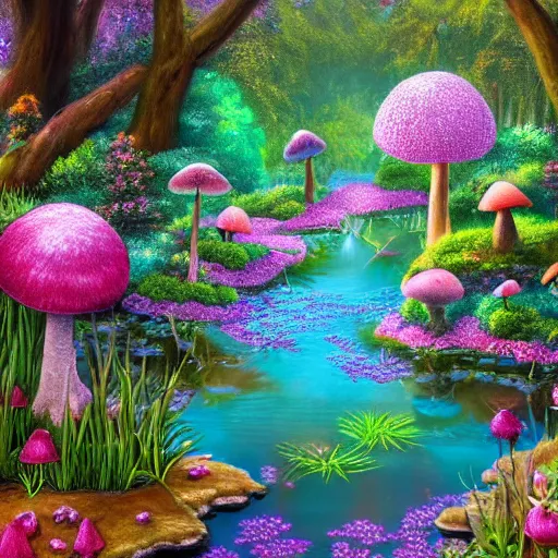 Image similar to secret garden in forest with flowers, toadstools, and pond, detailed airbrushed magical realism landscape painting 4 k