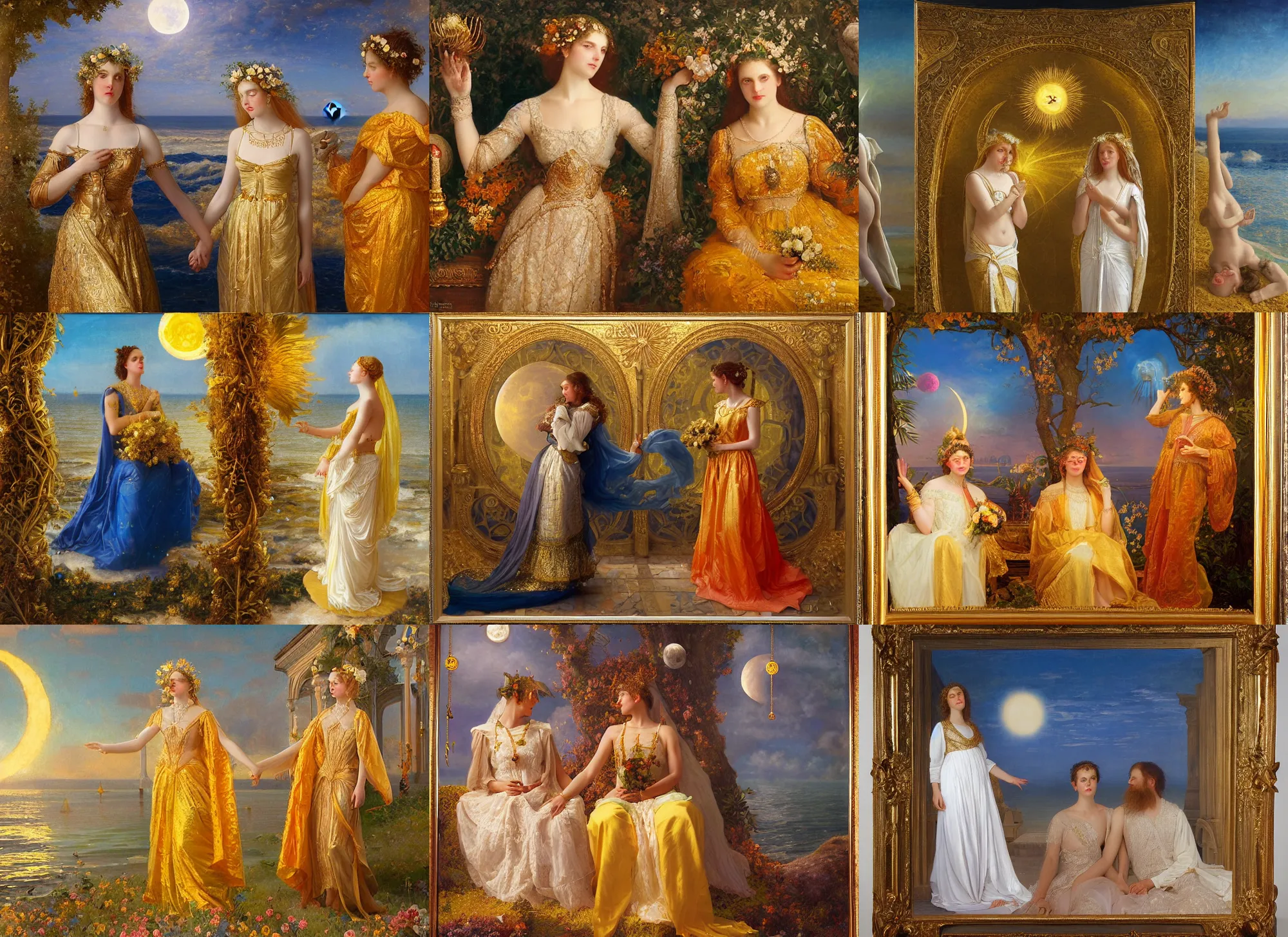 Prompt: The alchemical wedding of the moon and sun, in an ocean of gold, by the great Russian painter Albert Herter, rendered as matte painting on photorealistic canvas