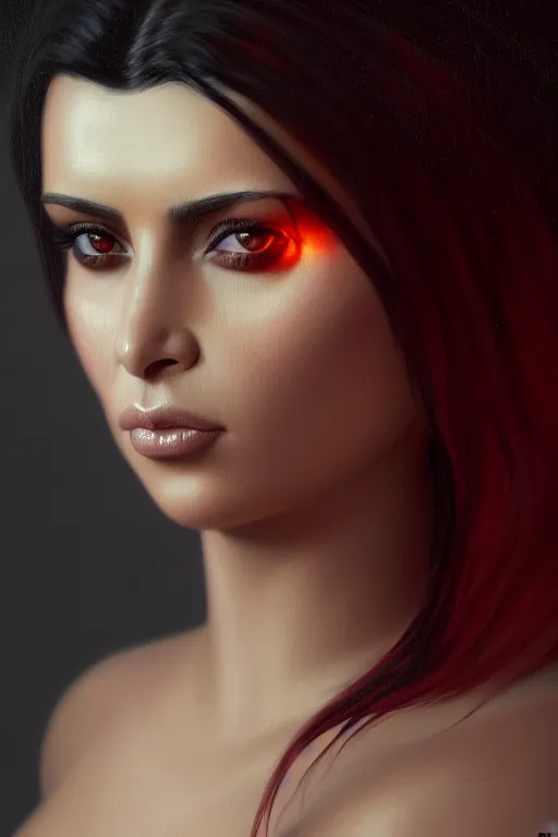 Prompt: a demonic horrific portrait of kim kardashian, white eyes, bored, illustration, soft lighting, soft details, painting oil on canvas by edmund blair leighton and charlie bowater octane render, hdr, trending on artstation, 4 k, 8 k, hd