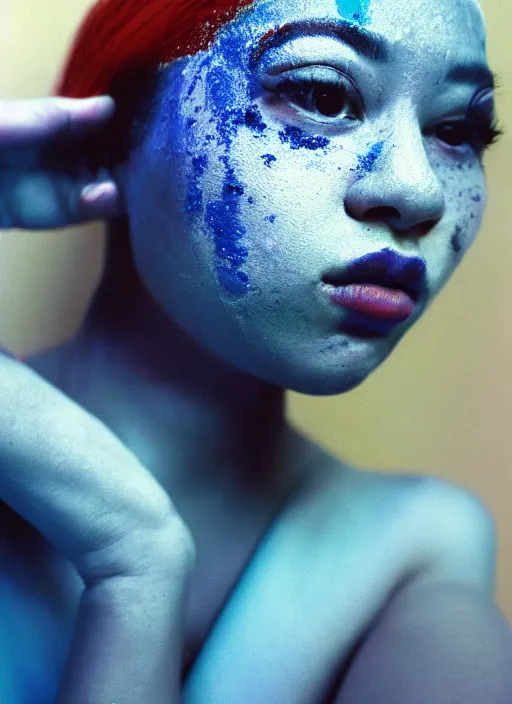 Image similar to extra close-up, color film photography, portrait of woman with vitiligo, in style of nan goldin, blue hour, 35mm, film photo