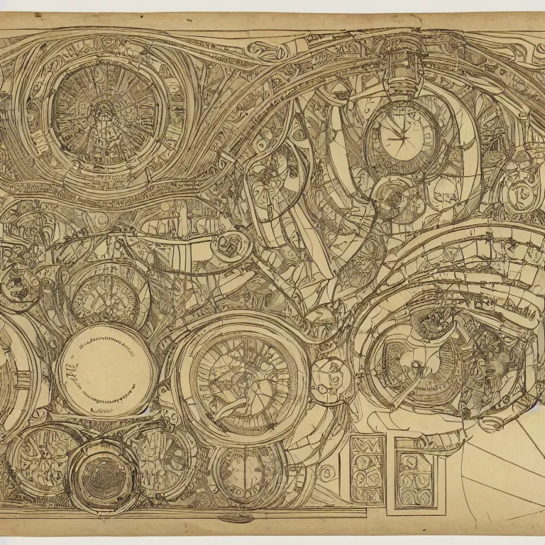 Prompt: detailed, intricate technical drawings on parchment from 1 8 4 0, with labels and notes, for a beautiful, symmetric, art deco submarine cutaway, by ron cobb and alphonse mucha