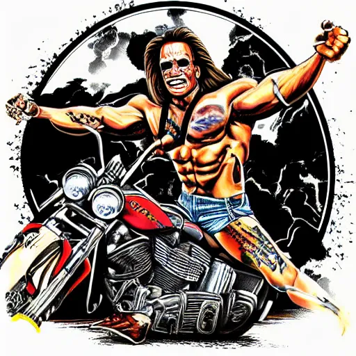 Prompt: thrash metal album cover with arnold schwarzenegger riding a motorcycle by ed repka