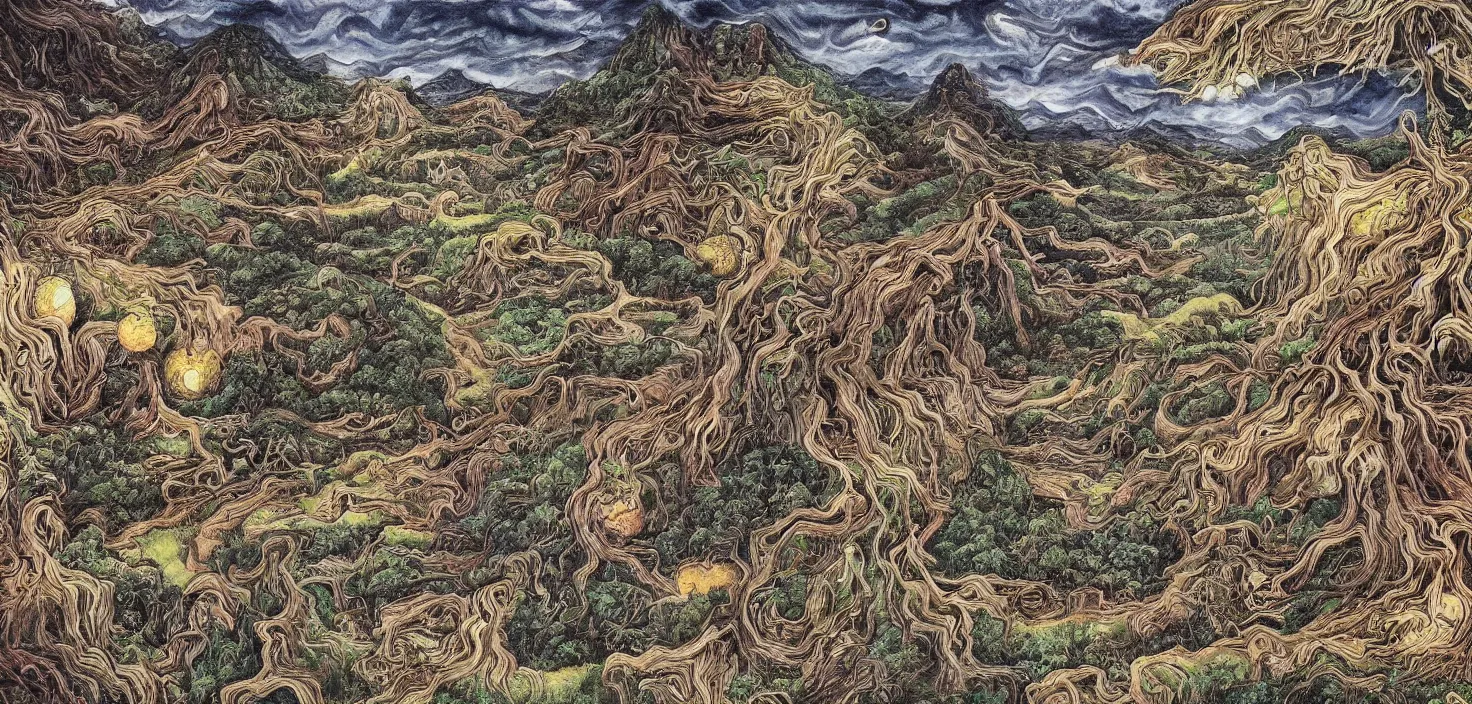 Prompt: epic beautiful painting of a detailed artisan landscape in the style of Junji Ito