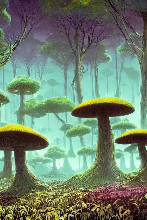 Image similar to concept art painting of an alien world with mushroom forests, artgerm, moebius, inio asano, toon shading, cel shading, calm, tranquil, vaporwave colors,