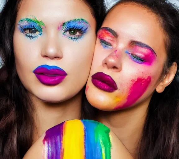 Image similar to close photo shot still of two womens rainbow painted lips kissing