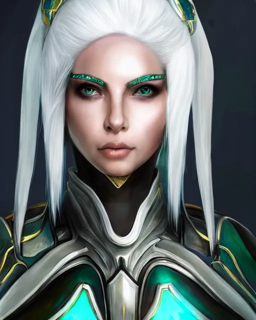 Image similar to perfect white haired attractive egyptian goddess, warframe armor, beautiful, symmetric, dreamy, half asian, pretty face, green eyes, charlize theron, detailed, scifi platform, laboratory, experiment, 4 k, ultra realistic, epic lighting, android body, illuminated, cinematic, masterpiece, art by akihito tsukushi, voidstar